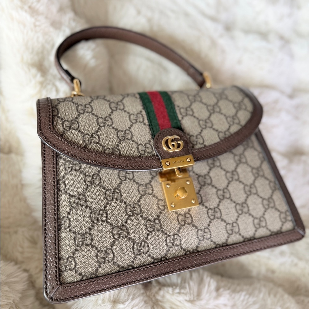 Gucci Beige and Brown Satchel with Gold Accents